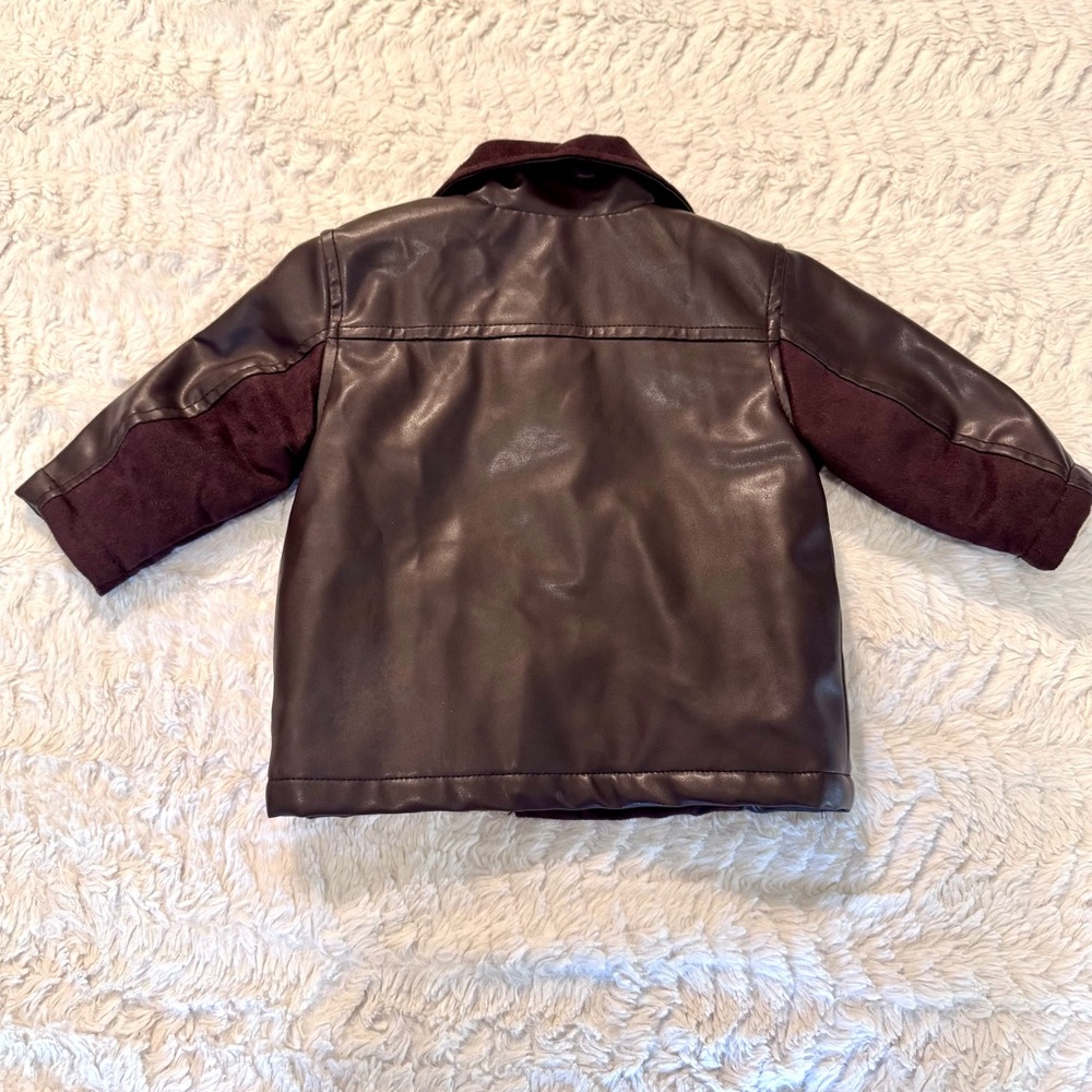 Kenneth Cole Reaction Baby Boys 6/9M Chocolate Brown Faux Leather Moto Jacket - Picture 2 of 3